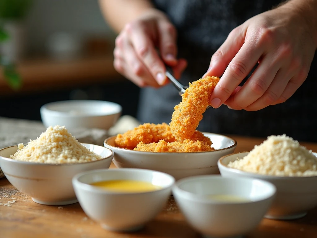 Breading chicken tenders with flour egg wash and panko