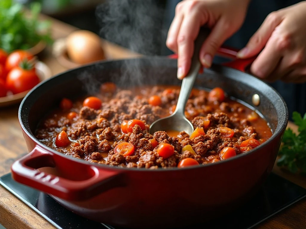 Homemade chili seasoning blooming with cooked meat and aromatics