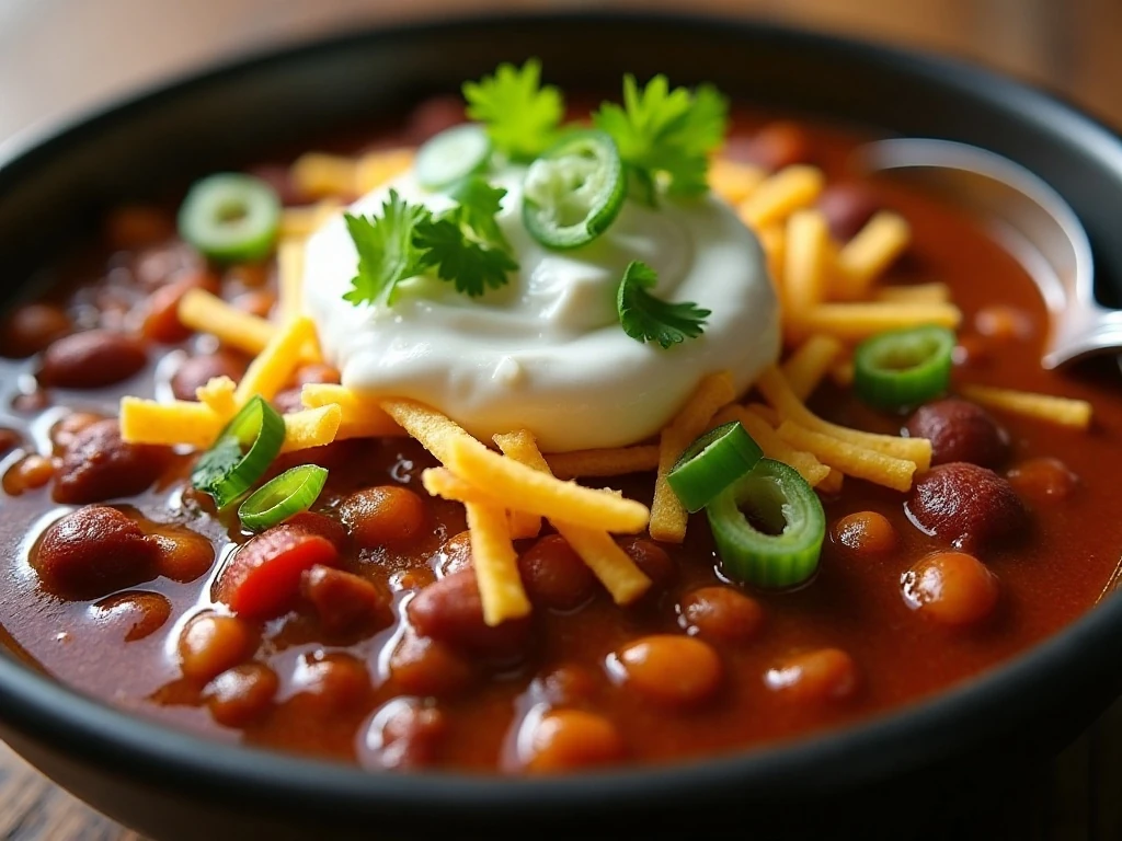 Chili topped with cheese, sour cream, green onions, and cilantro