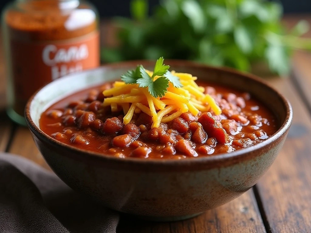 Finished homemade chili served with a jar of chili seasoning