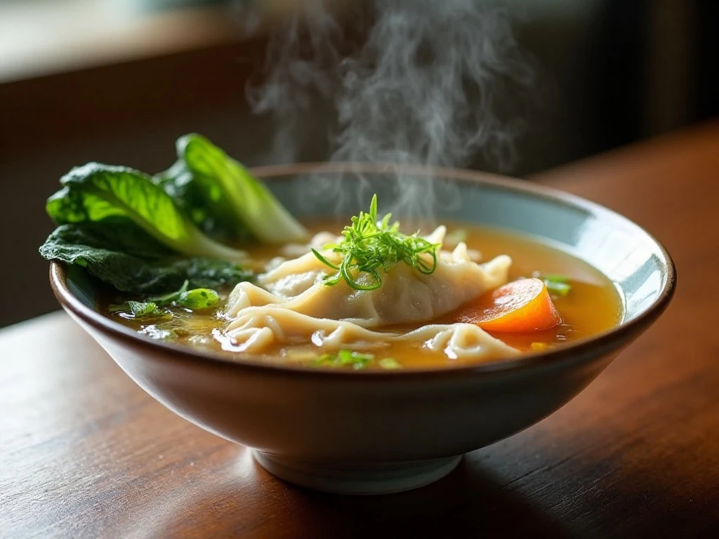 Homemade Chinese wonton soup with pork, shrimp, bok choy, and scallions