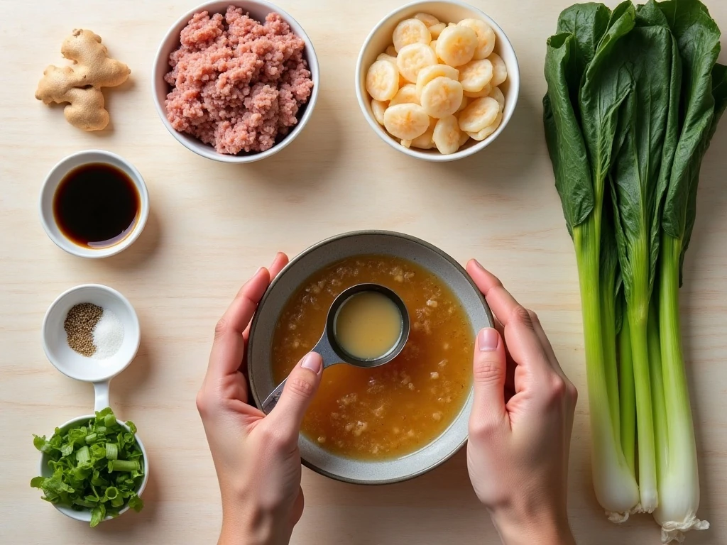Ingredients for homemade pork and shrimp wonton soup