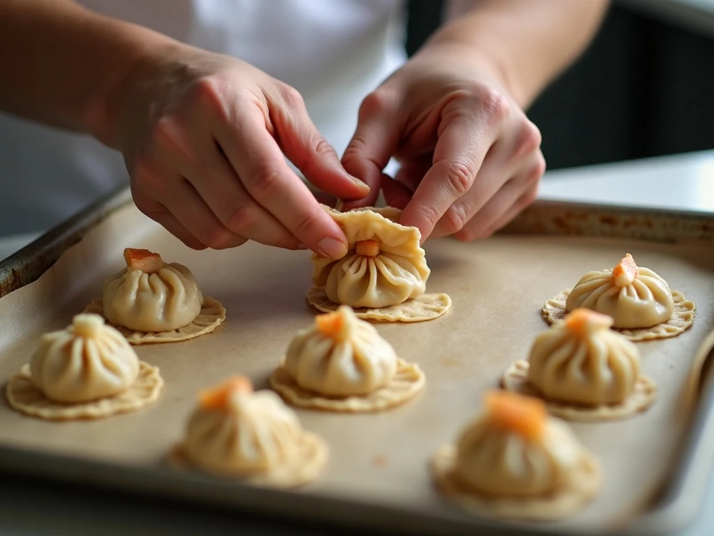 Folding homemade wontons around pork and shrimp filling