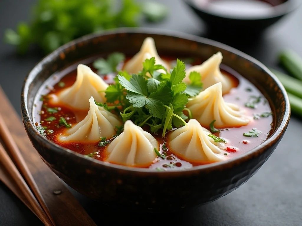 Wonton soup garnished with scallions, cilantro, chili oil, and black vinegar