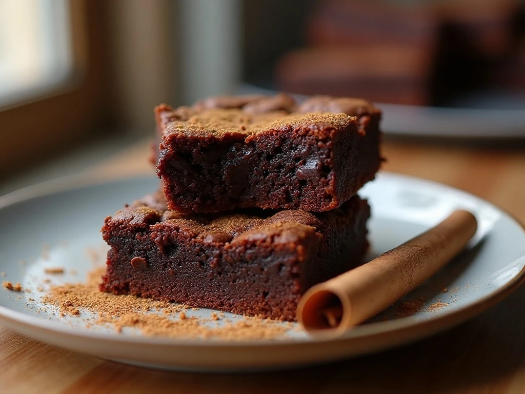 Stack of fudgy homemade chipotle brownies showing their rich chocolate centers