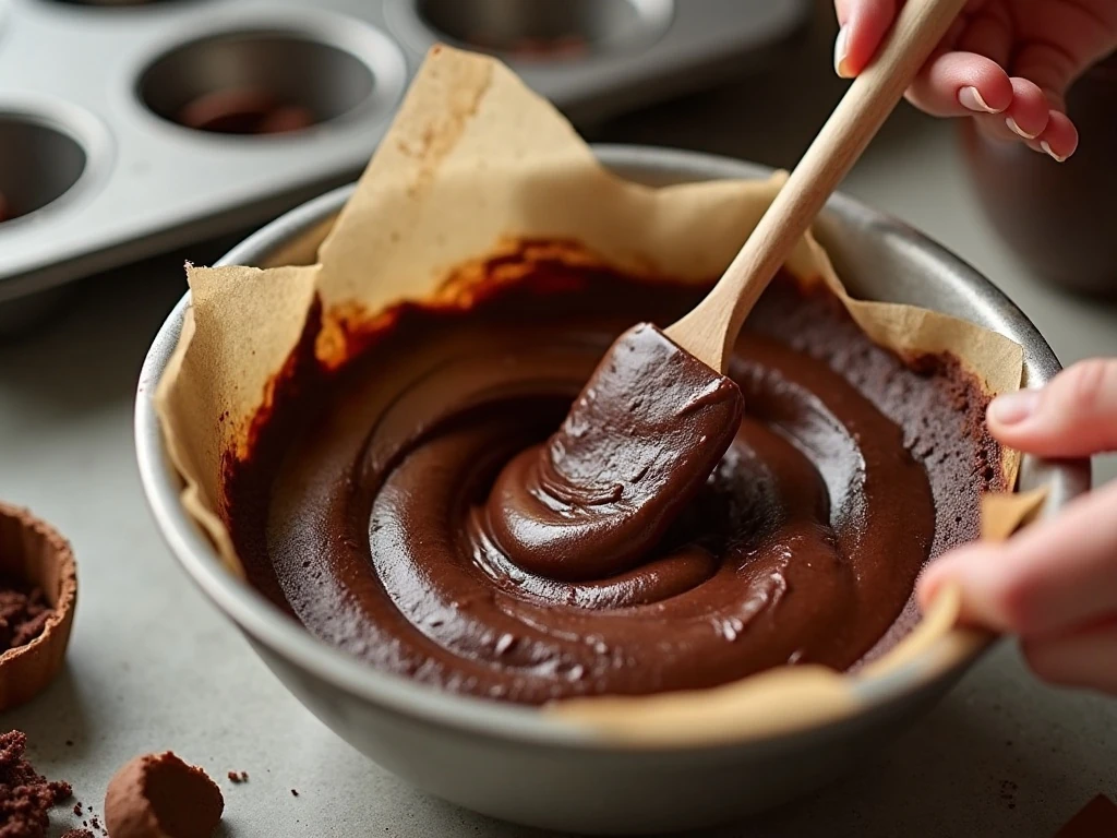 Chocolate brownie batter being folded before baking