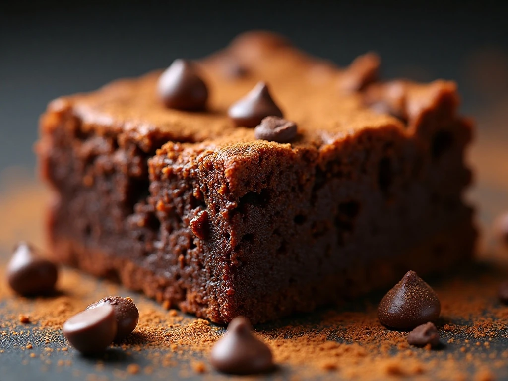 Close-up of a fudgy chipotle brownie with cocoa and cinnamon
