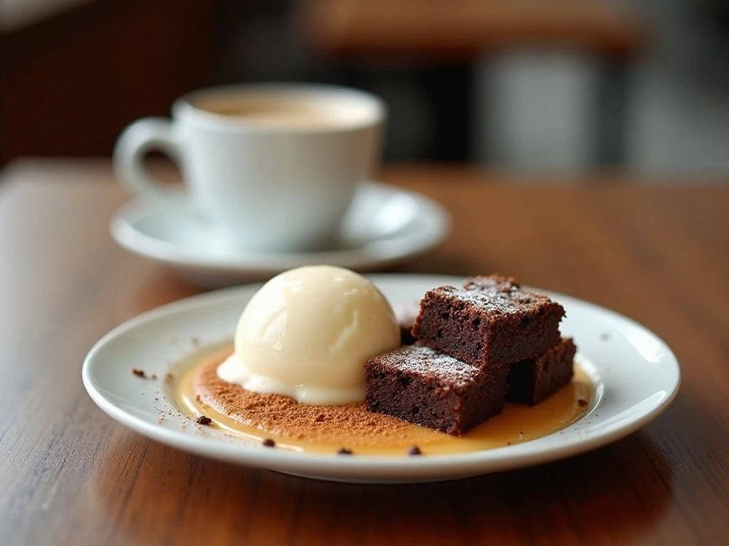 Chipotle brownie squares served with vanilla ice cream and coffee