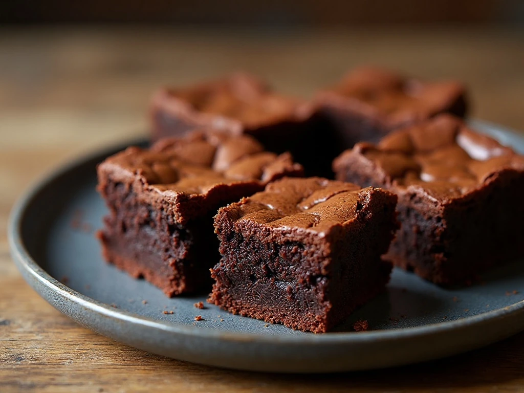 Stack of fudgy homemade chocolate brownies with crackly tops