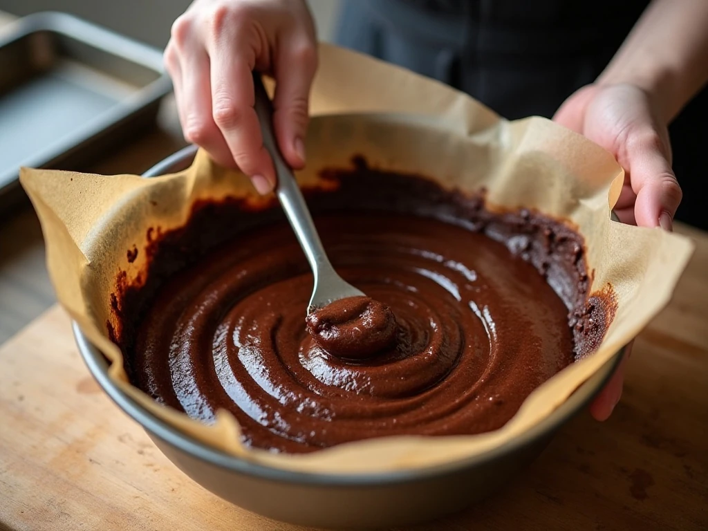 Folding cocoa brownie batter before baking