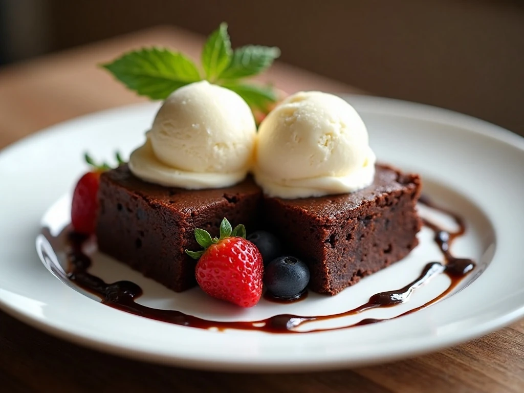 Fudgy brownies served with vanilla ice cream and berries