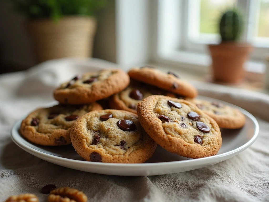 A stack of soft-centered homemade chocolate chip walnut cookies