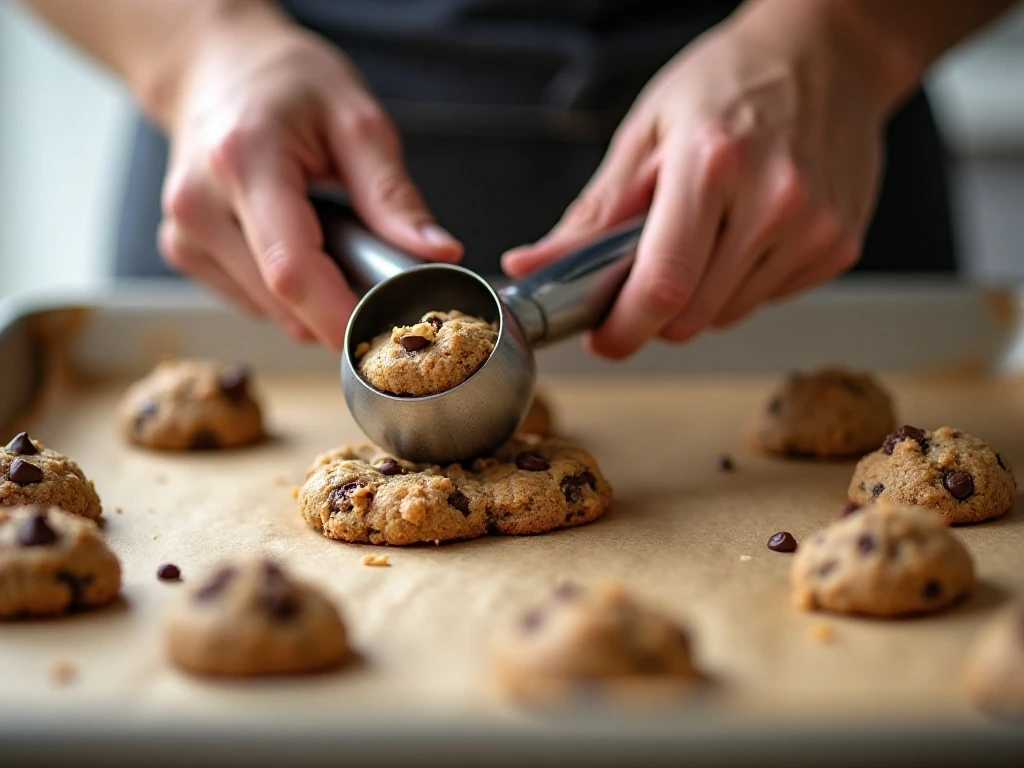 Portioning chocolate chip walnut cookie dough onto a baking sheet