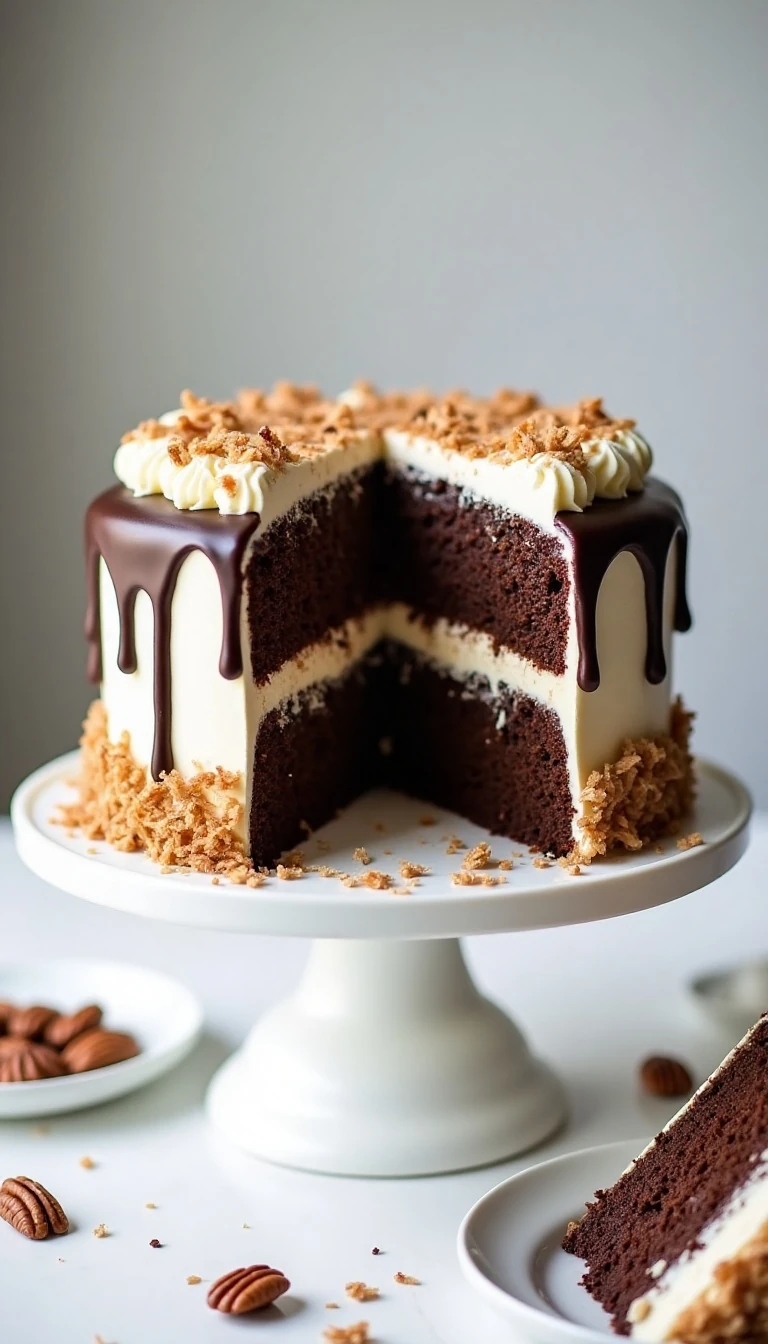 Homemade Chocolate Coconut Cake Recipe with Coconut-Pecan Frosting