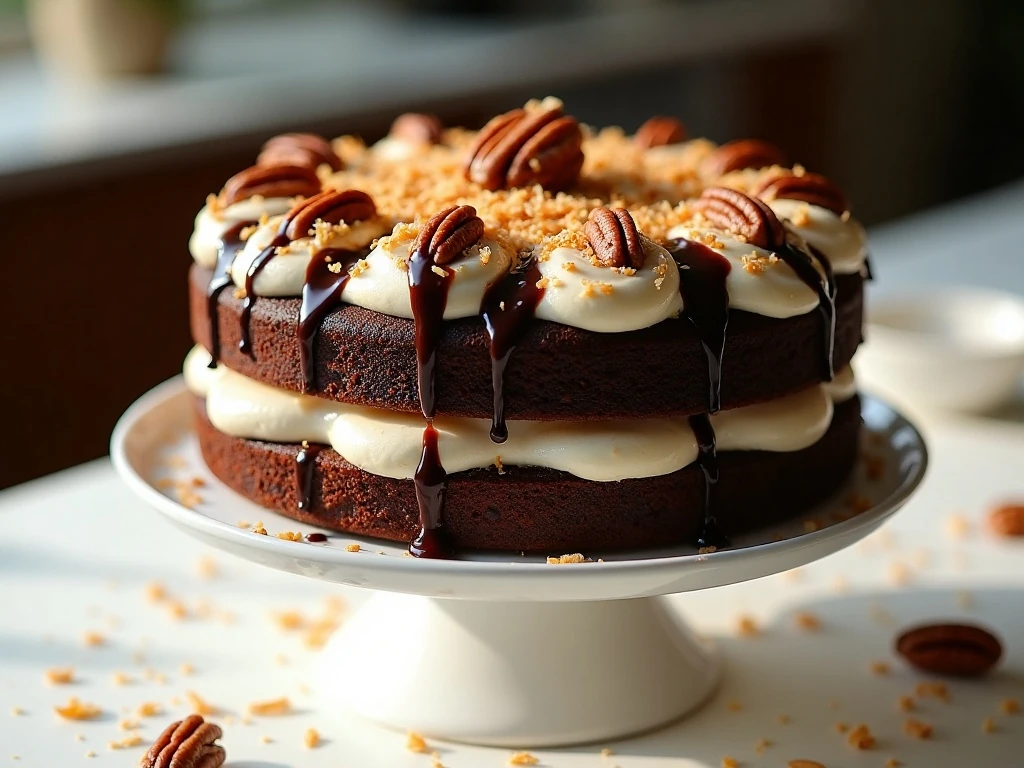 Two-layer chocolate coconut cake with coconut-pecan frosting