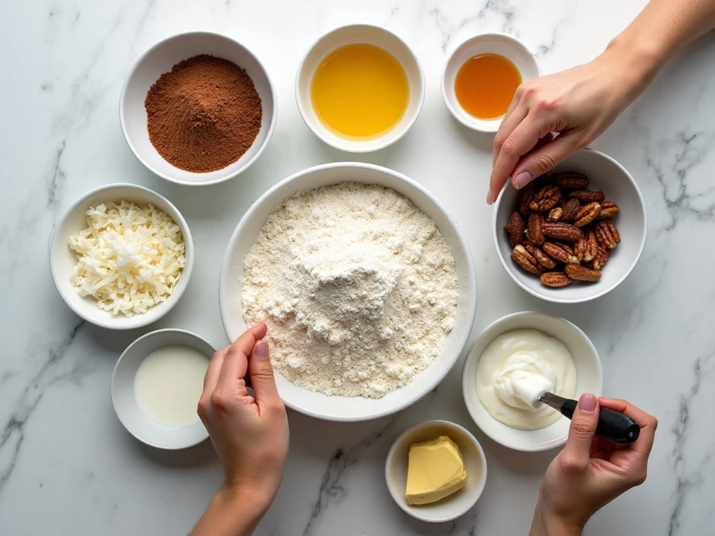 Ingredients for homemade chocolate coconut cake