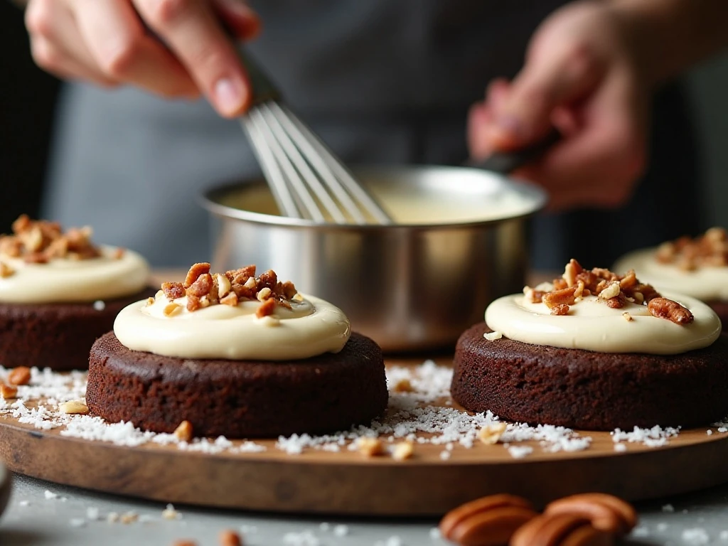 Preparing coconut-pecan frosting for chocolate cake
