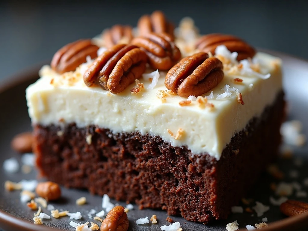 Toasted pecans and coconut on chocolate cake frosting