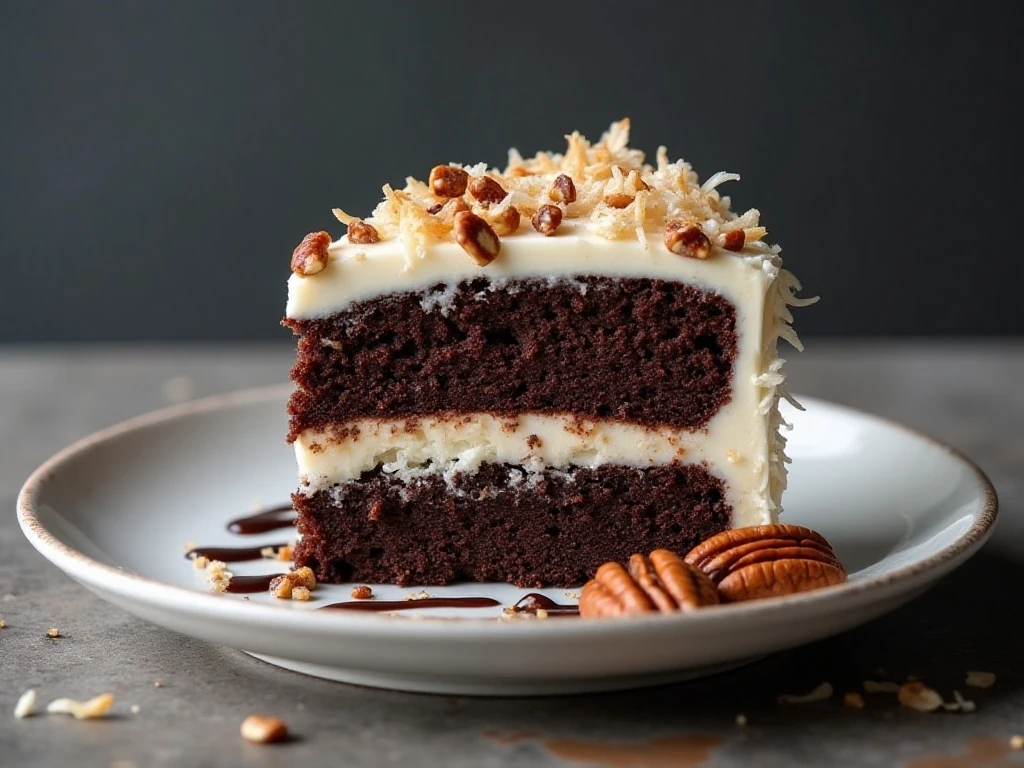 Chocolate coconut cake slice with ganache drizzle