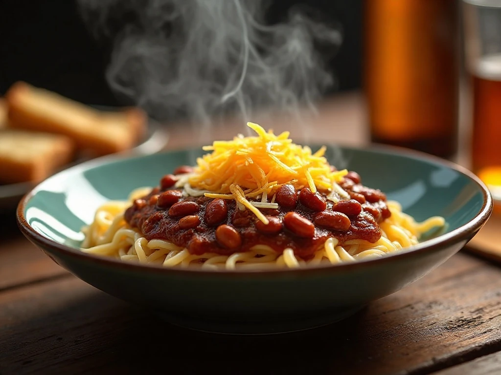 Homemade Cincinnati chili served over spaghetti with cheddar cheese