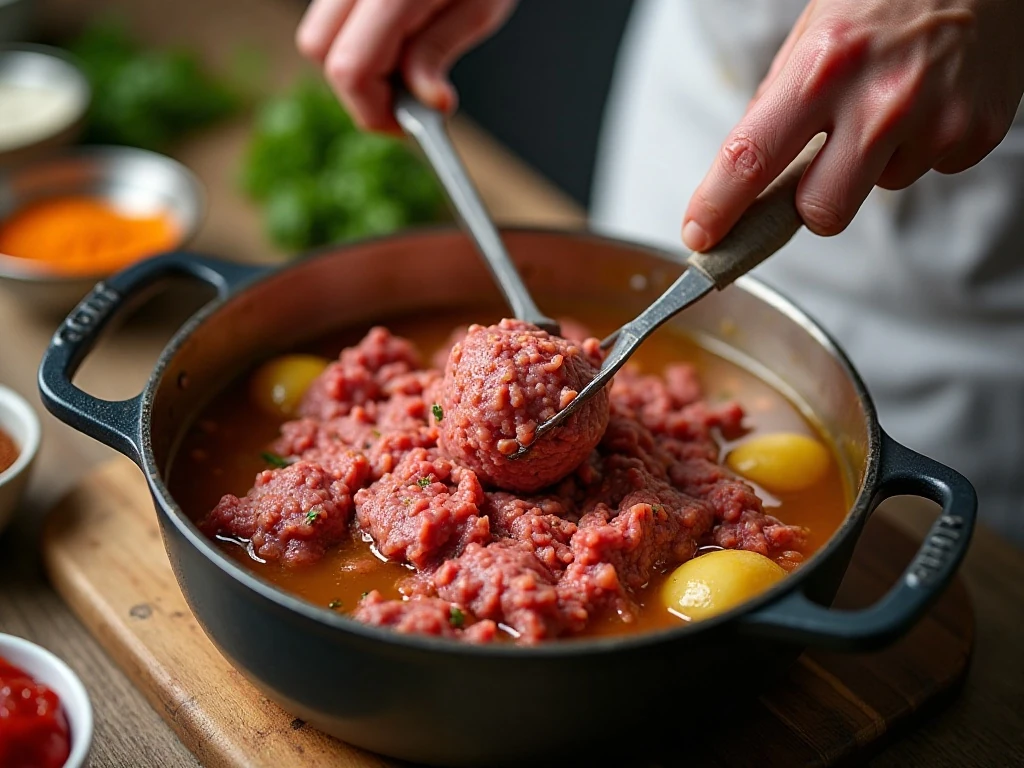 Breaking ground beef into fine Cincinnati chili texture