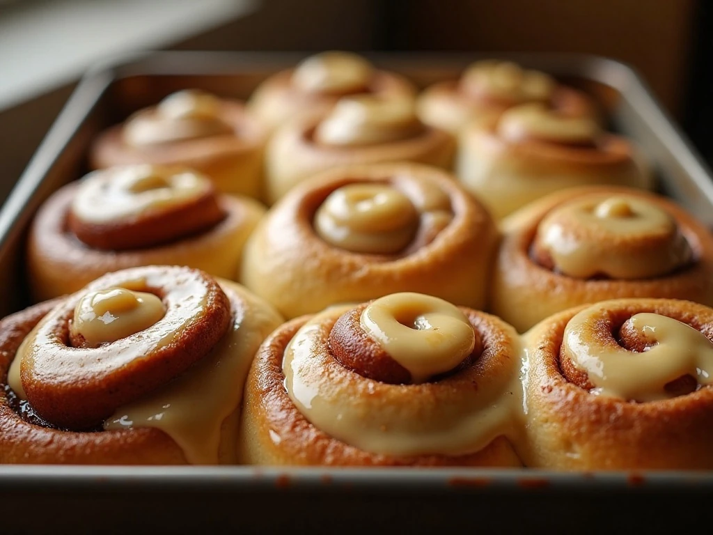 A pan of warm homemade Cinnabon-inspired cinnamon rolls with cream-cheese frosting