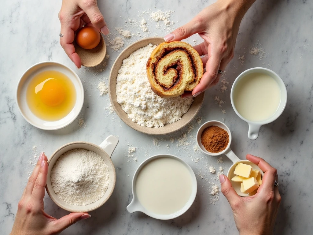Ingredients for homemade cinnamon rolls arranged on a kitchen counter