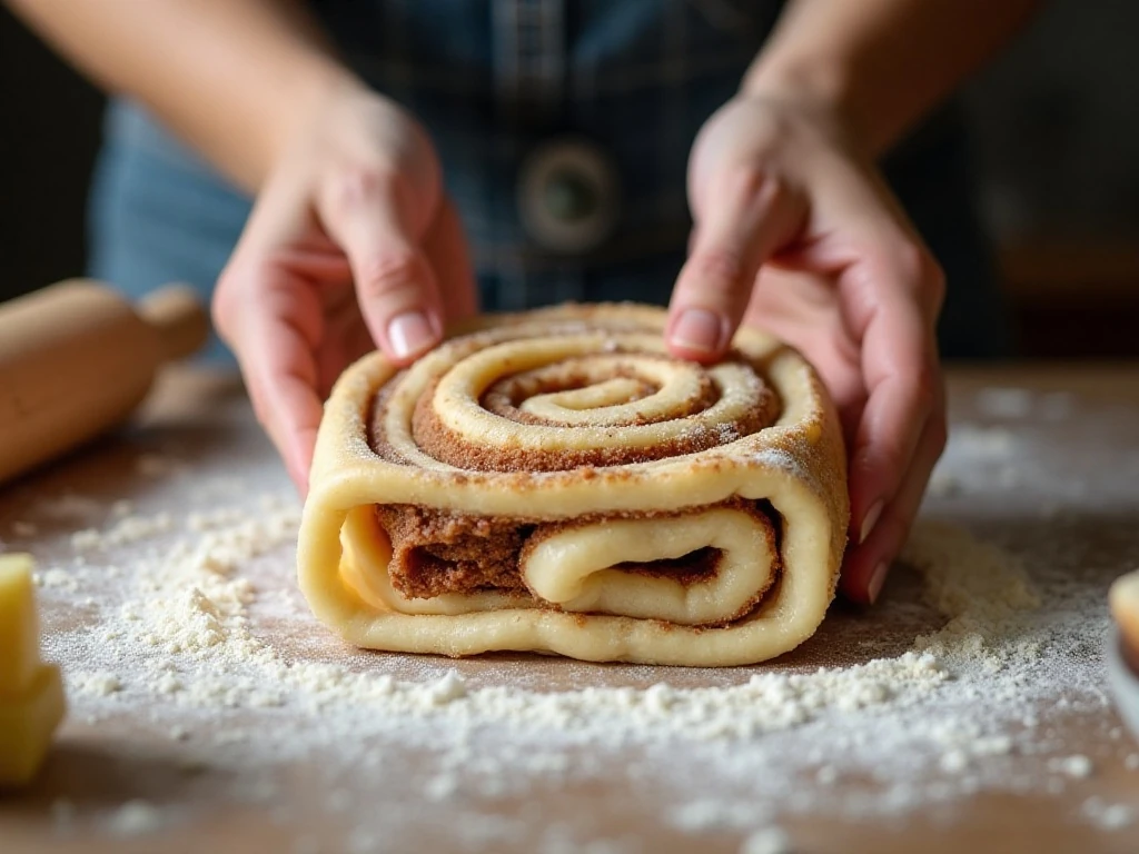 Rolling cinnamon roll dough around brown sugar and cinnamon filling