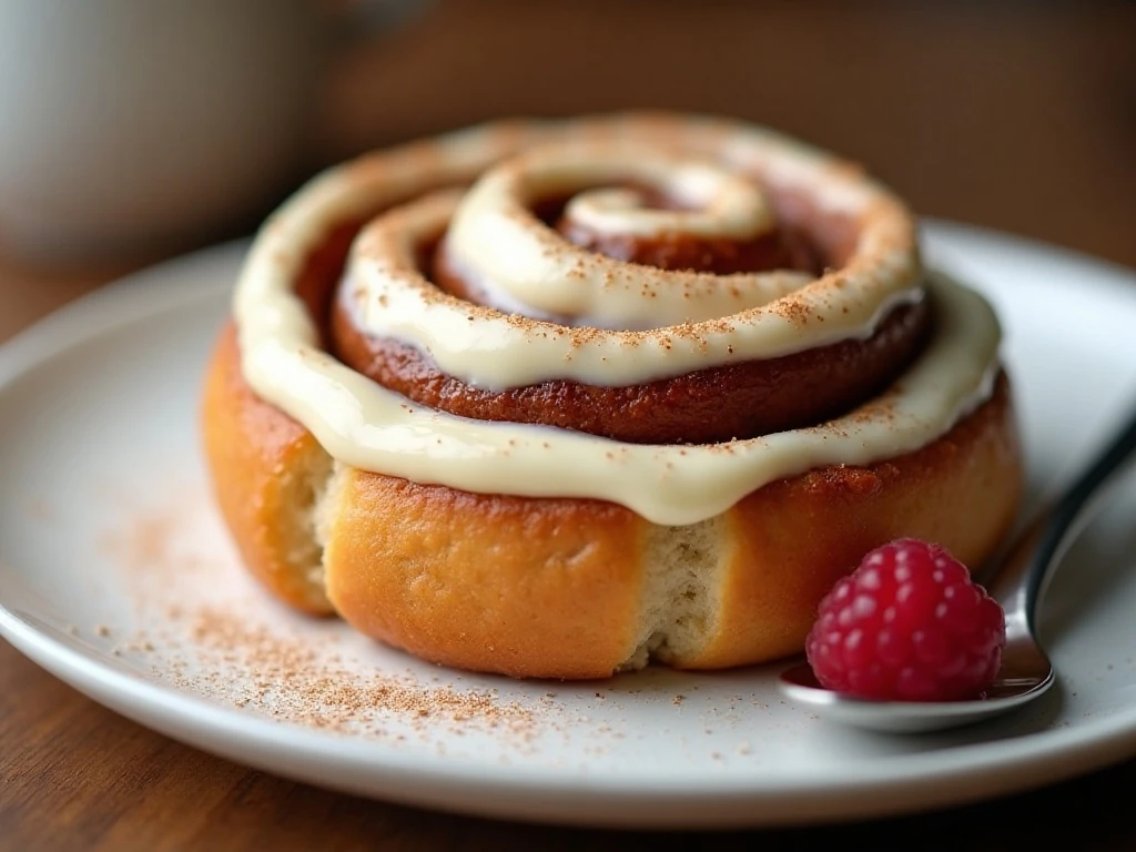 Frosted cinnamon roll served with raspberry sauce