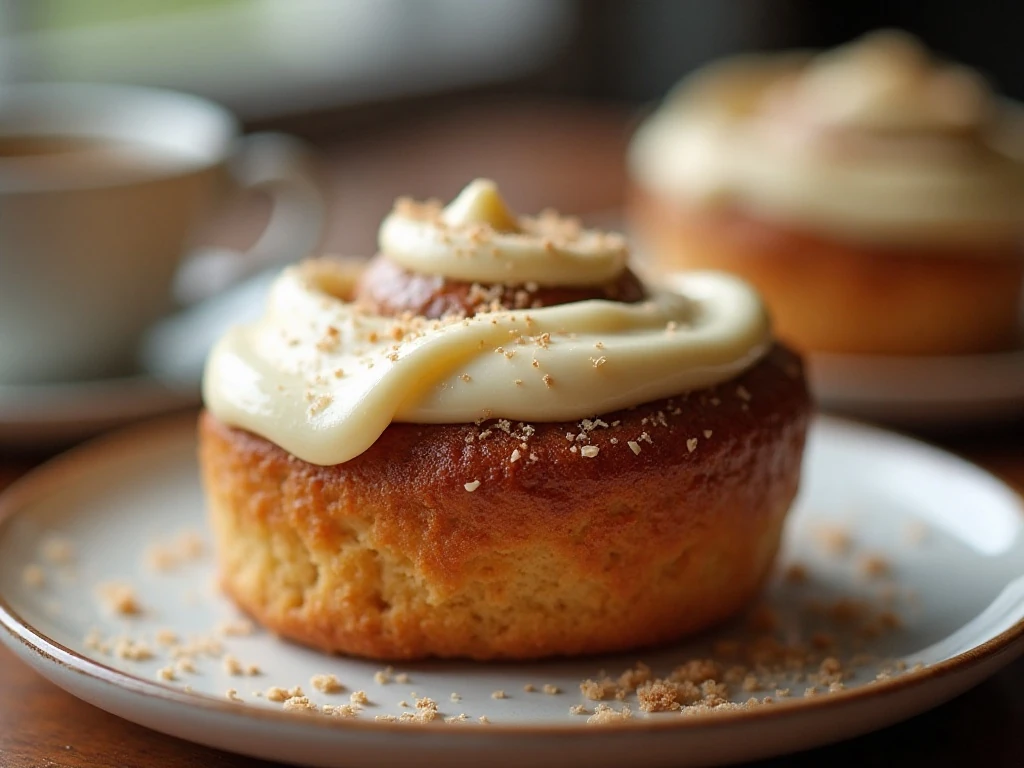A warm reheated cinnamon roll ready to serve