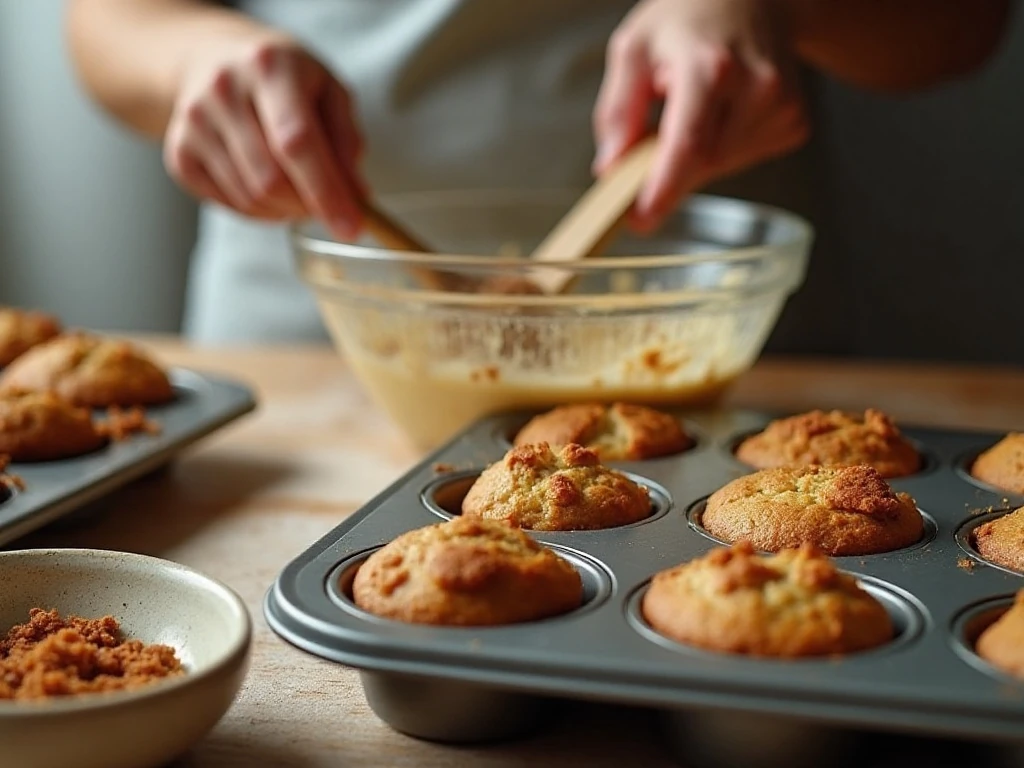 Preparing cinnamon maple muffin batter
