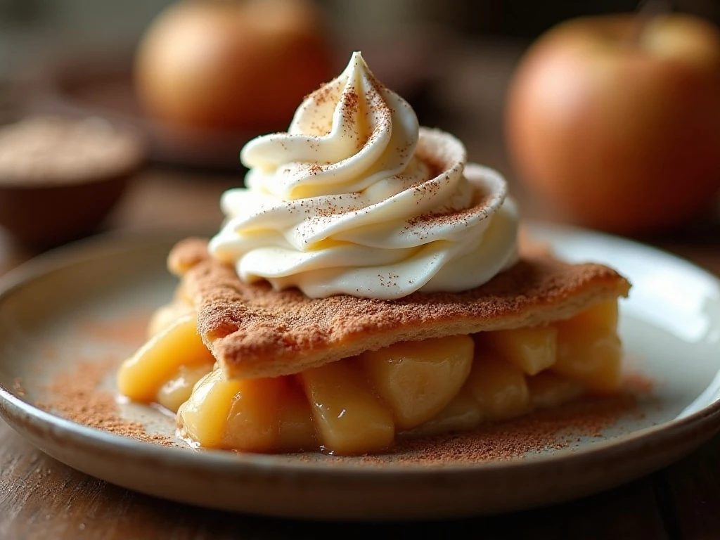 Cinnamon whipped cream served on warm apple pie