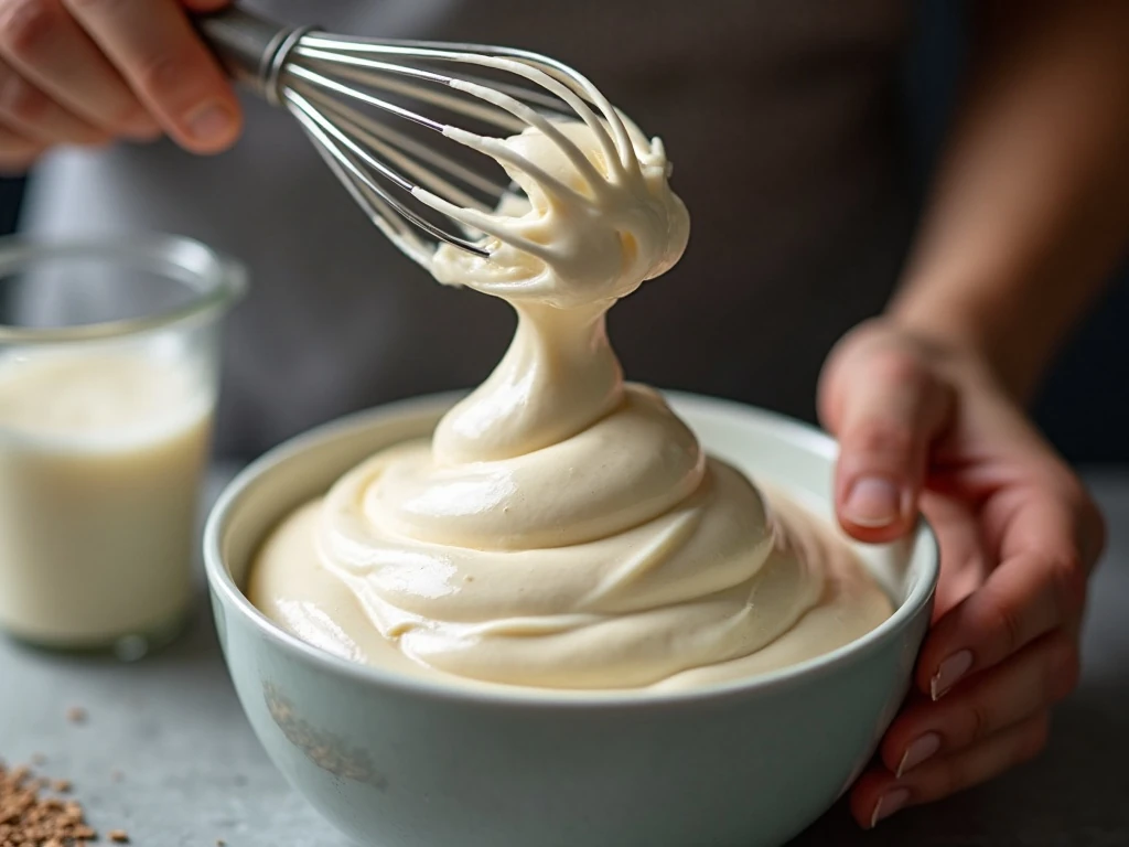 Firm peaks of smooth coffee whipped cream