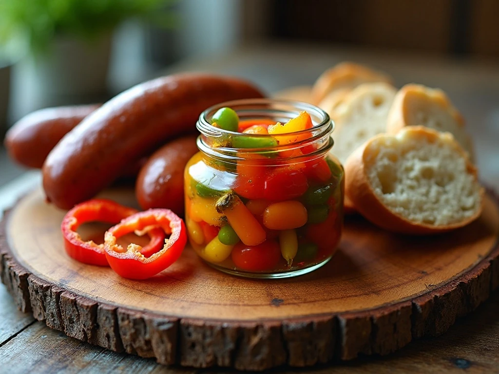Homemade pickled peppers served with sausage and crusty bread