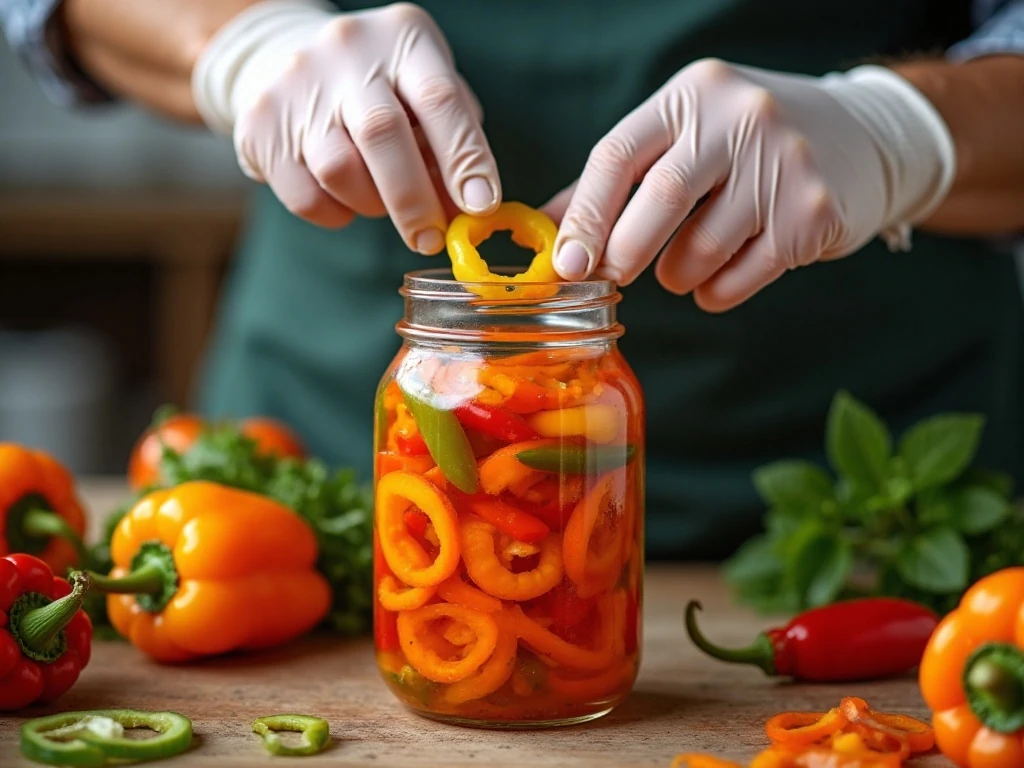 Raw peppers being packed into a jar for pickling