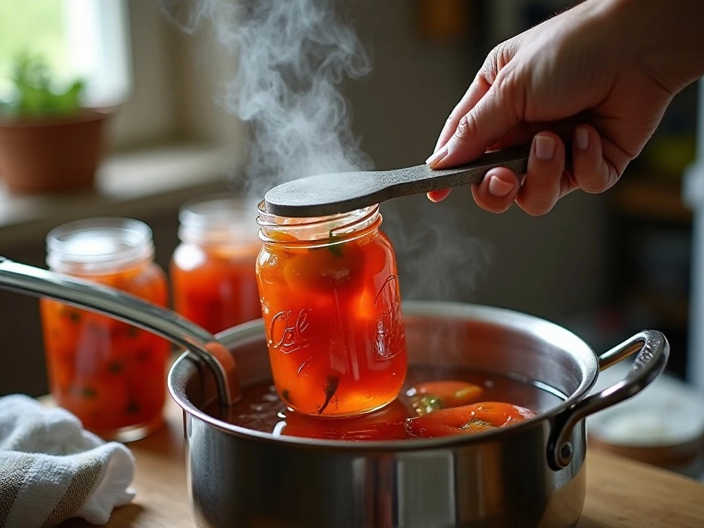 Jars of pickled peppers processing in a boiling-water canner