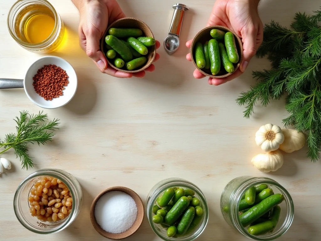 Ingredients for homemade cold-pack pickles arranged for canning