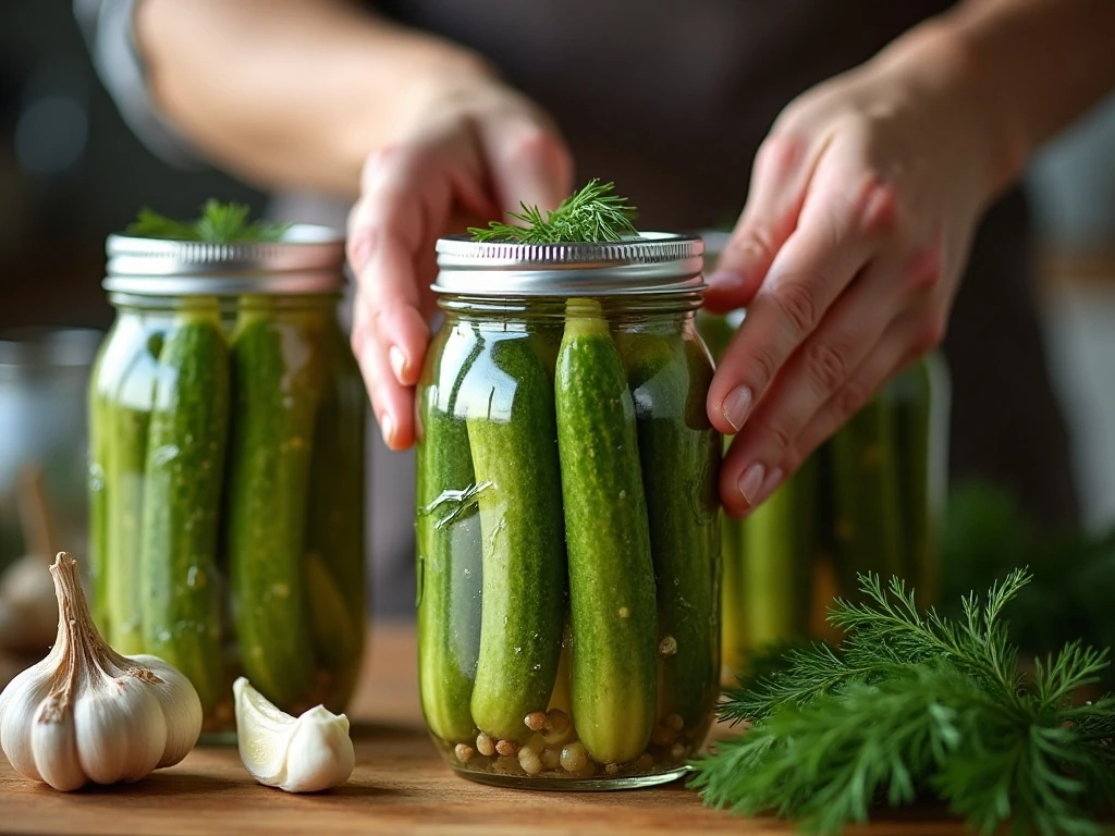Packing cucumbers with garlic and dill before adding hot pickle brine