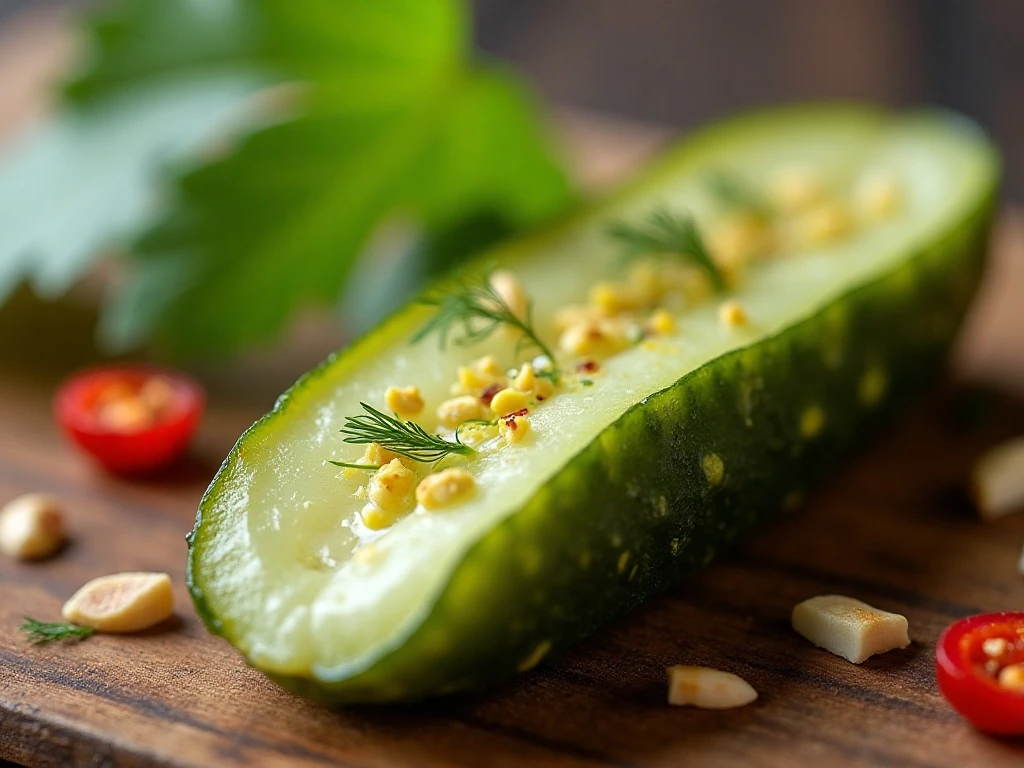Close-up of a crisp dill pickle spear with mustard seed and garlic