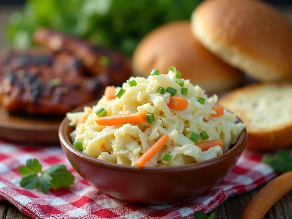 Creamy homemade coleslaw served as a crisp barbecue side dish