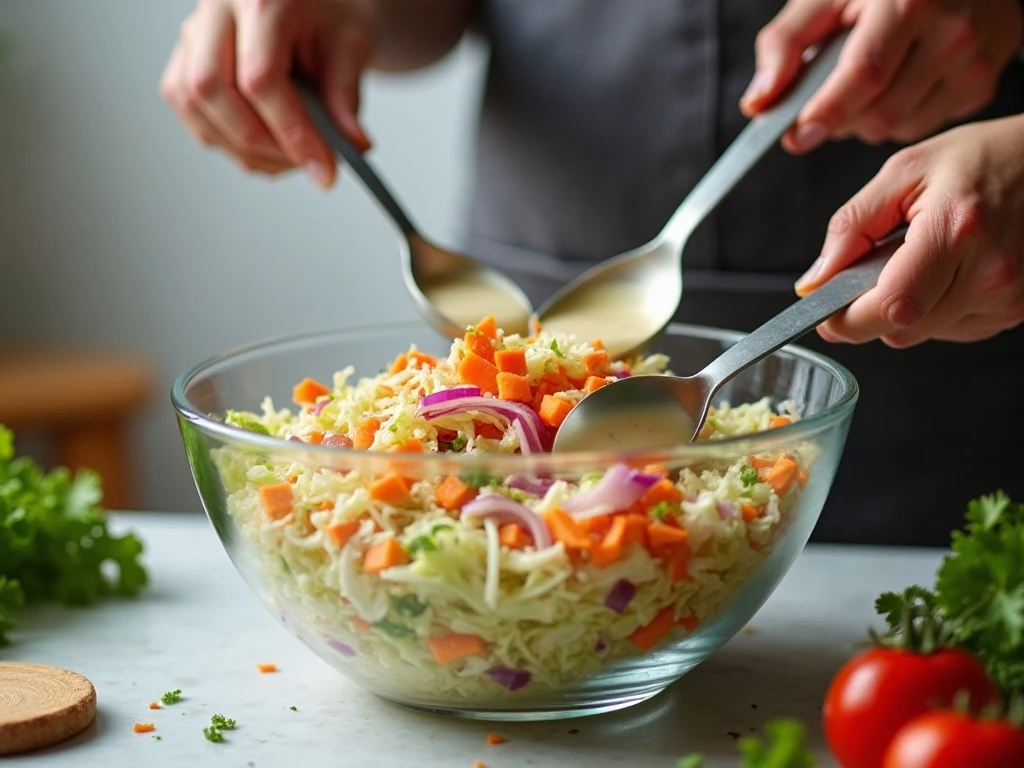 Tossing shredded vegetables with creamy coleslaw dressing