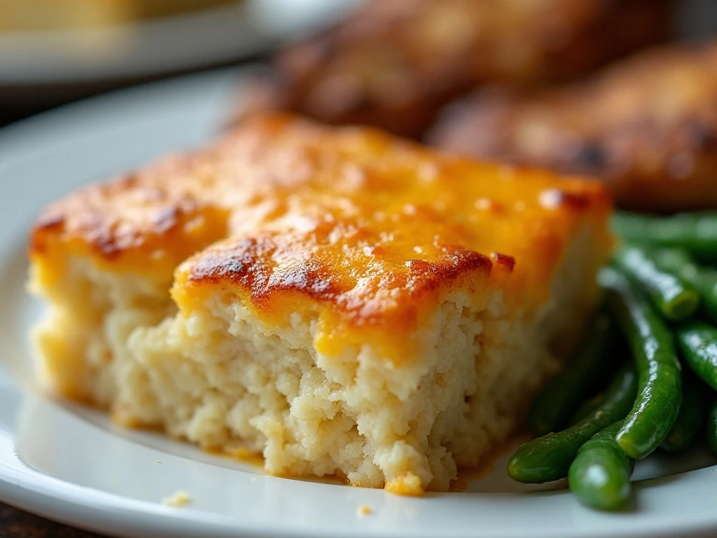 A serving of creamy copycat Cracker Barrel hashbrown casserole with roasted chicken and vegetables