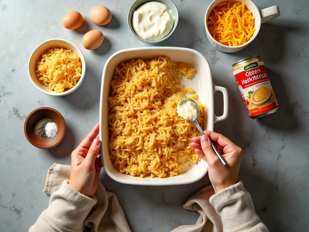 Ingredients for copycat Cracker Barrel hashbrown casserole arranged on a kitchen counter