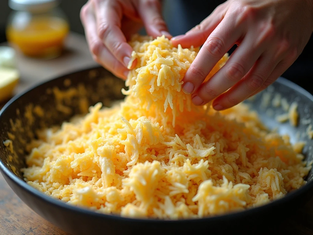 Mixing shredded hash browns with creamy sauce and cheese for casserole