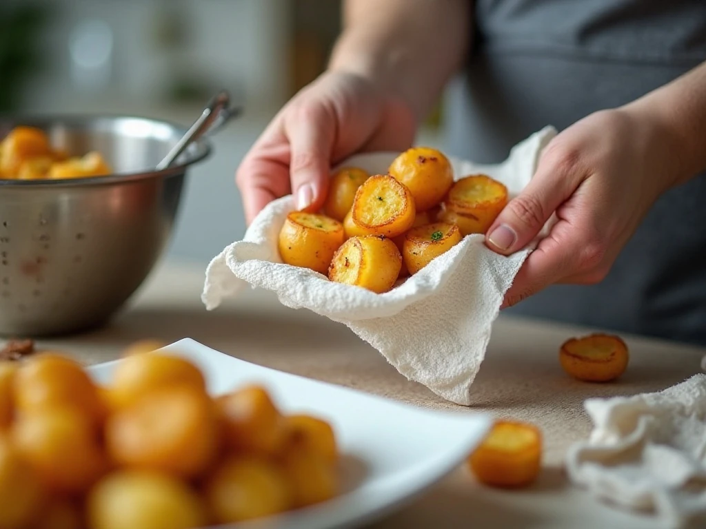 Thawed hash brown potatoes being drained to prevent watery casserole