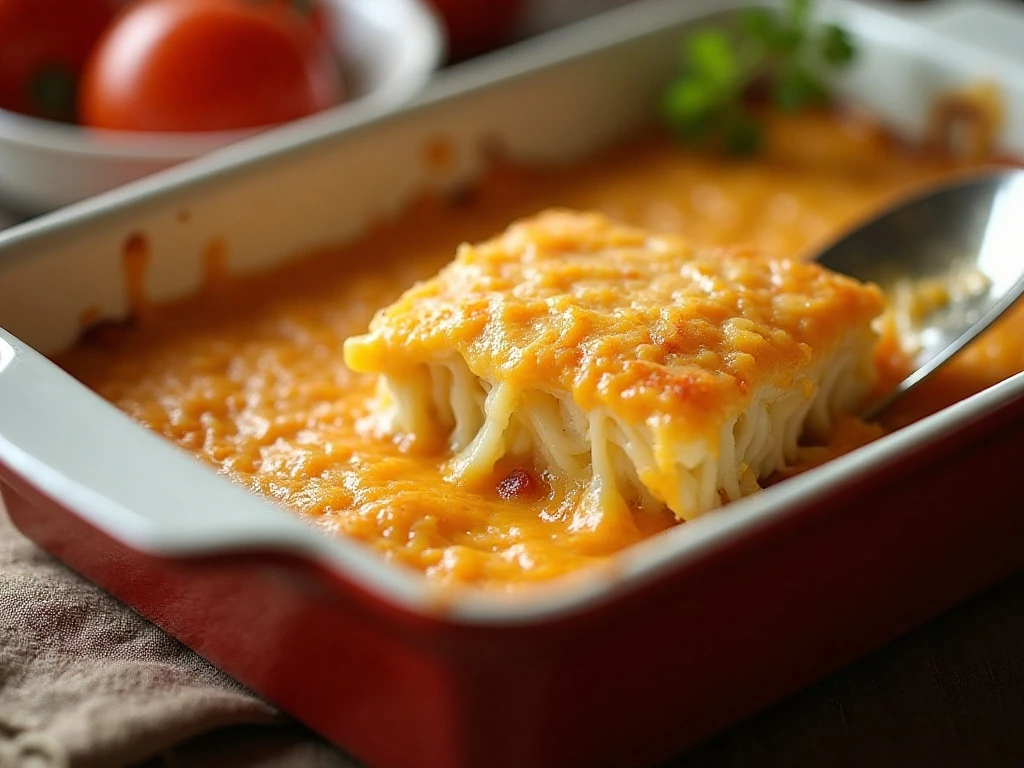 Close-up of a warm reheated portion of cheesy hashbrown casserole