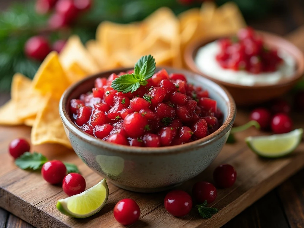 Sweet and spicy cranberry salsa served with tortilla chips and cream cheese