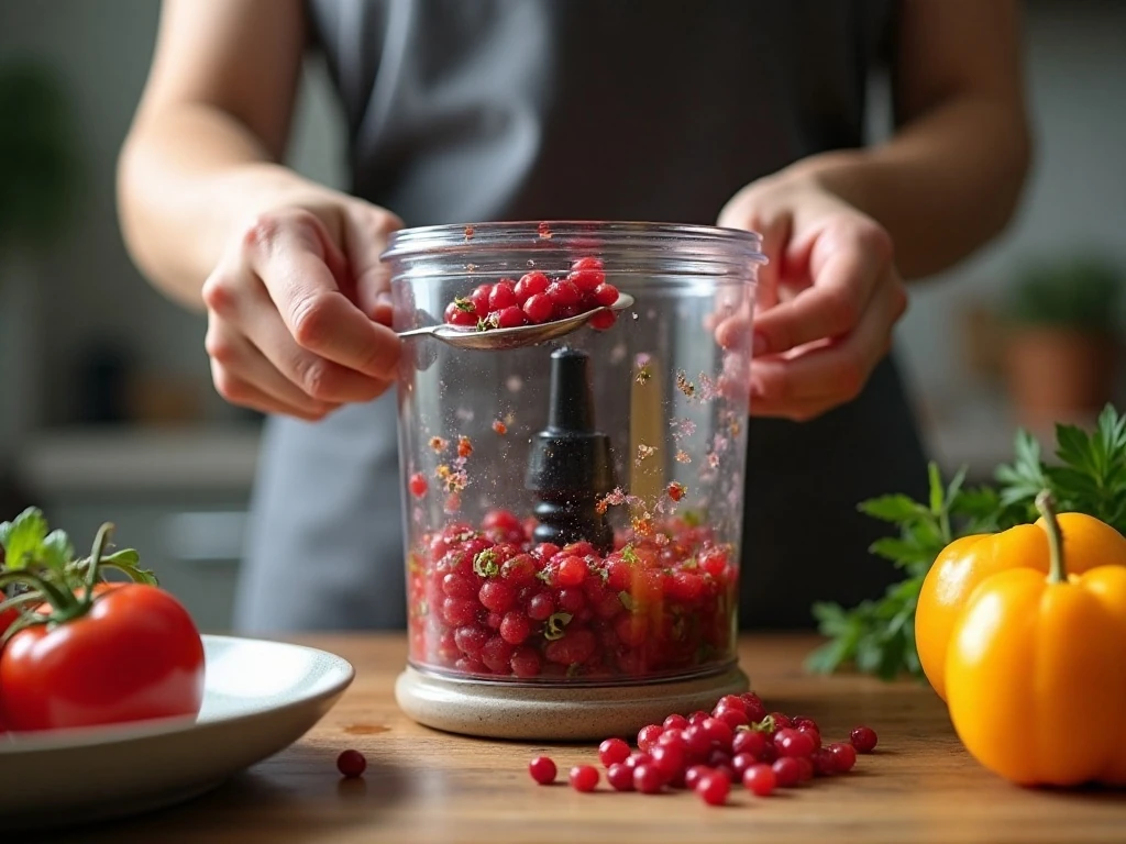 Cranberry salsa ingredients being chopped in a food processor