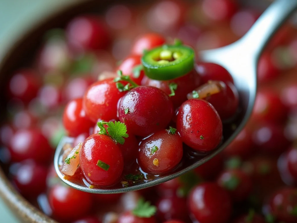 Close-up of chunky cranberry salsa texture and fresh herbs