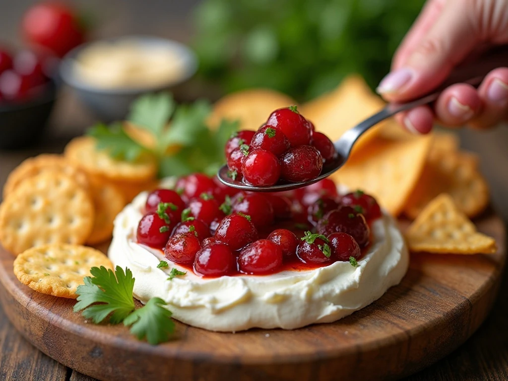 Cranberry salsa served over cream cheese with chips and crackers